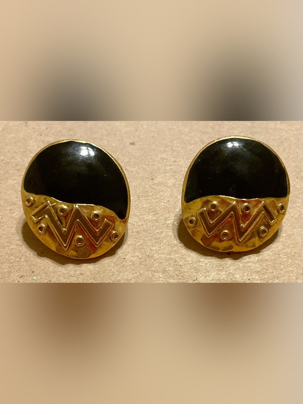 Gold-Tone Stud Earrings with Black Enamel Accent